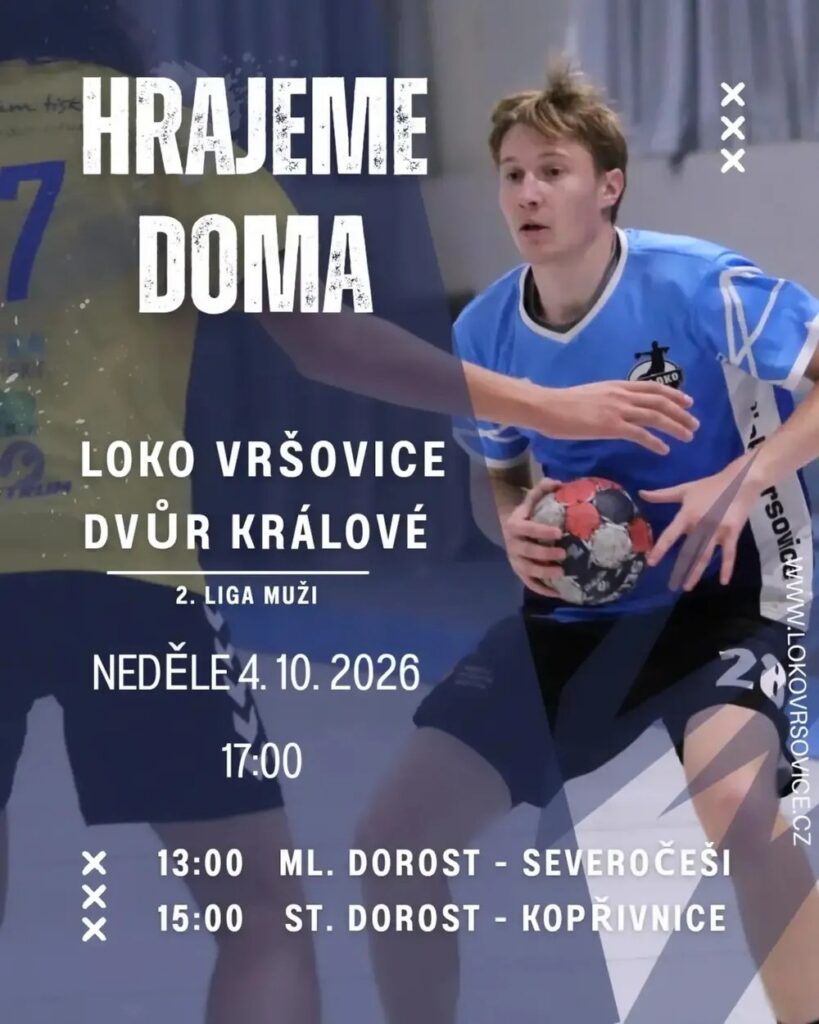 Plakát Hrajeme doma: neděle 4. 10. 2026 – 17:00 Loko Vršovice – Dvůr Králové (2. liga muži), 13:00 ml. dorost – Severočeši, 15:00 st. dorost – Kopřivnice